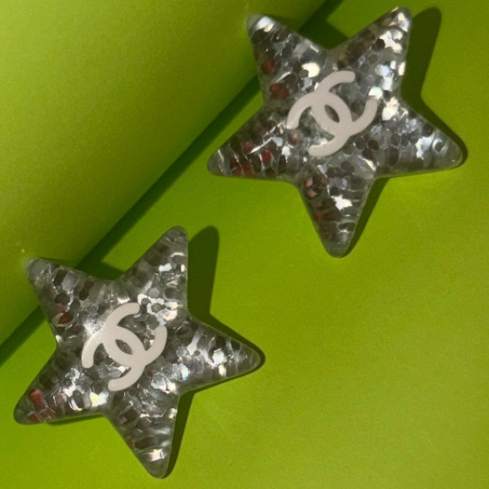 White CC Silver Glitter Resin Star Studs